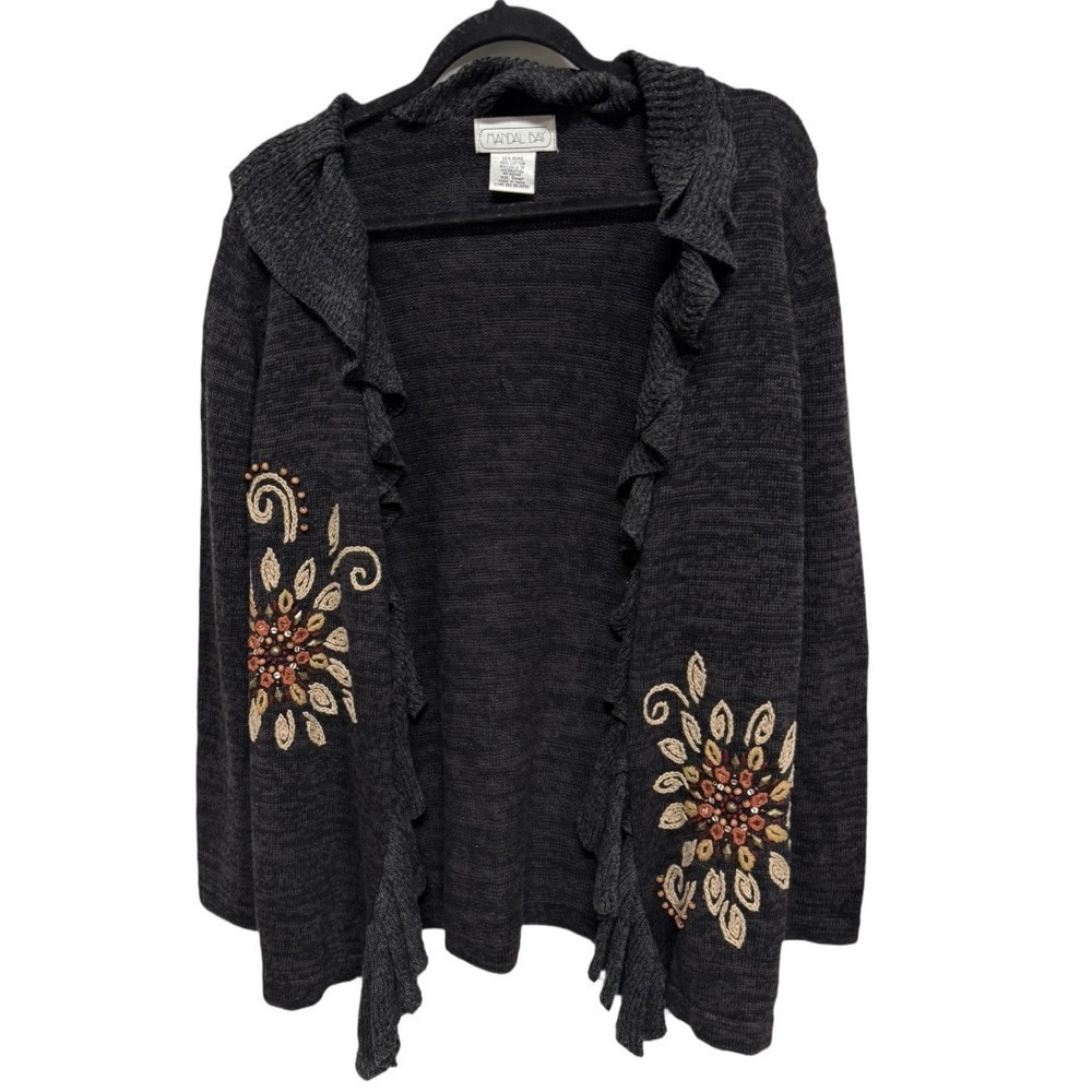 Mandal Bay Vintage Grey Knit Ruffle Floral Embroidered Cardigan size Small